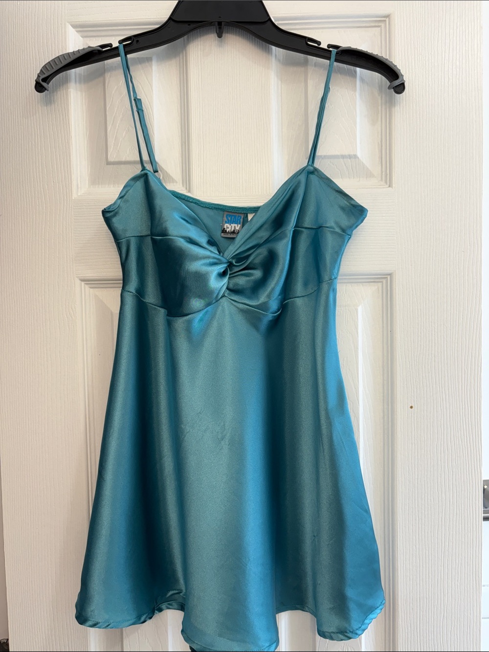 Star City Teal Satin Twist-Front Slip Dress Shirt